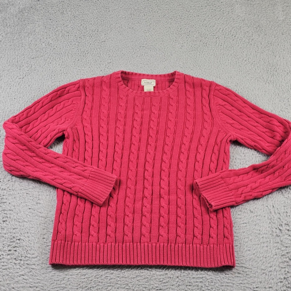 L.L. Bean Sweater Womens XS Pink 100% Cotton Cable Knit Crewneck Pullover